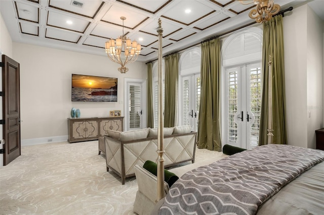 bedroom featuring beamed ceiling, coffered ceiling, access to outside, french doors, and an inviting chandelier