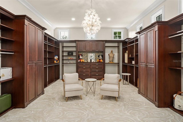 spacious closet featuring a chandelier