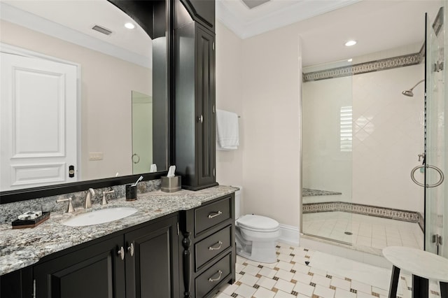 bathroom featuring an enclosed shower, toilet, tile floors, ornamental molding, and vanity