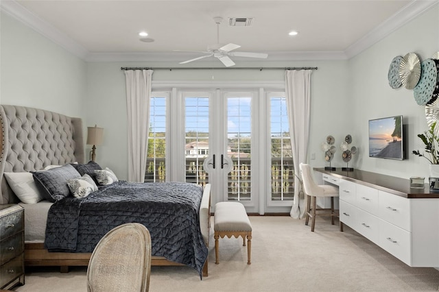 carpeted bedroom with ceiling fan, crown molding, and access to outside