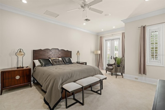 bedroom with light carpet, ceiling fan, crown molding, and french doors