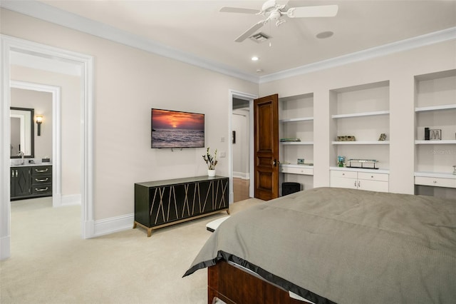 carpeted bedroom featuring ornamental molding and ceiling fan