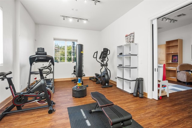 workout room featuring light hardwood / wood-style flooring and track lighting