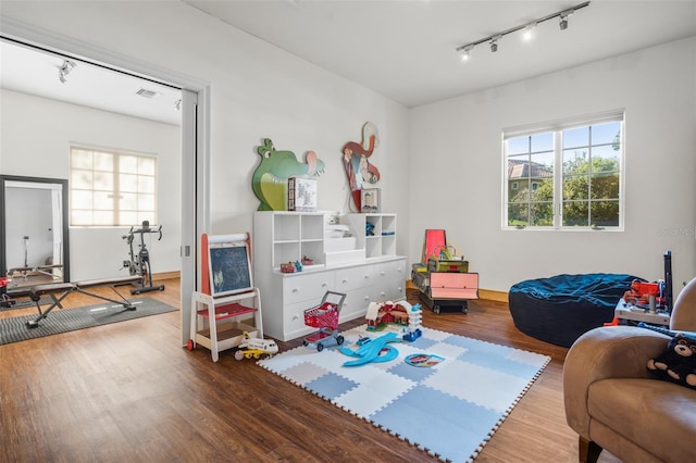 game room featuring wood-type flooring and track lighting