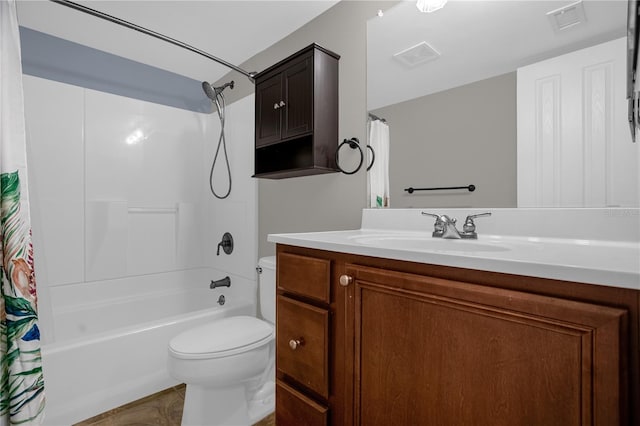 full bathroom with oversized vanity, toilet, and shower / bathtub combination with curtain