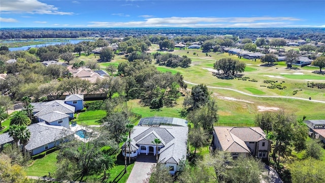 birds eye view of property featuring a water view, a residential view, and golf course view