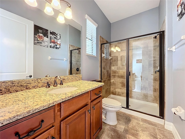 bathroom featuring vanity, toilet, an inviting chandelier, and an enclosed shower