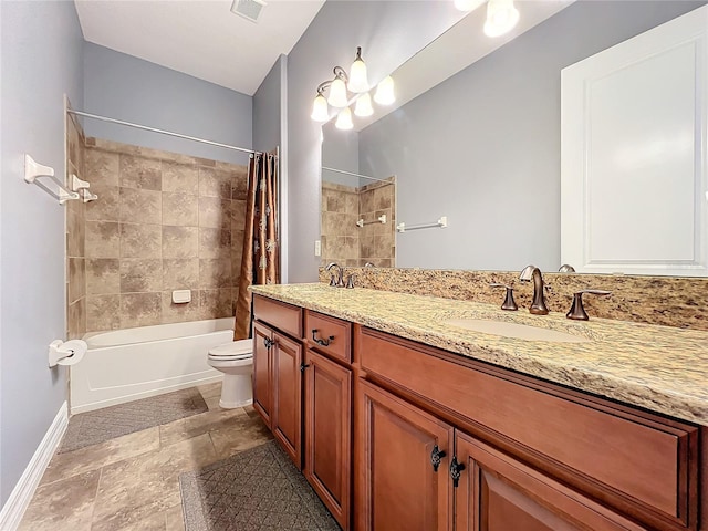 full bathroom featuring toilet, vanity, and shower / tub combo with curtain