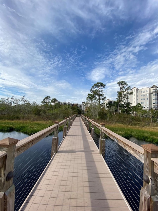 exterior space with a water view