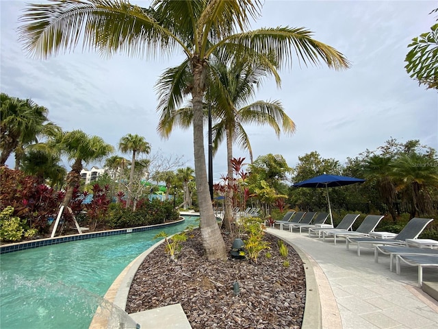 view of swimming pool featuring a patio area