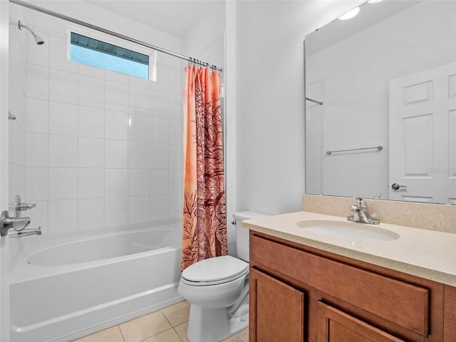 full bathroom with shower / bath combo with shower curtain, tile patterned flooring, vanity, and toilet