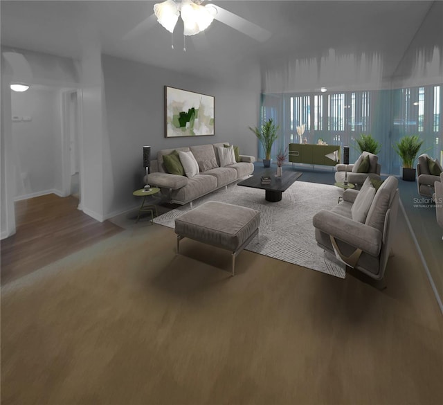 living room with wood-type flooring and ceiling fan