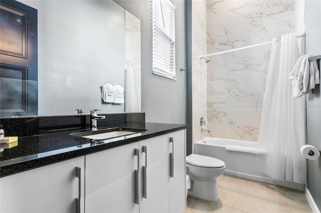 full bathroom with tile patterned floors, shower / bath combination with curtain, toilet, and vanity