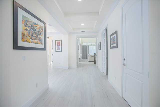 hall featuring light hardwood / wood-style floors and a tray ceiling