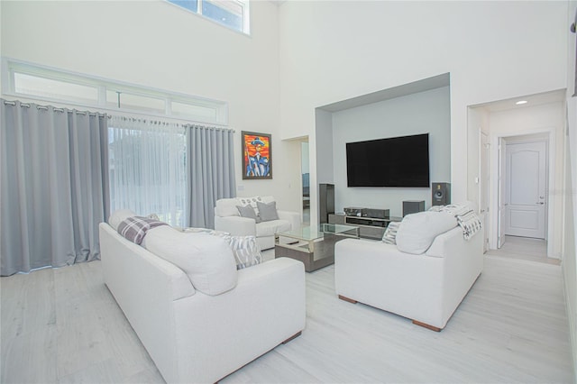 living room featuring light hardwood / wood-style floors and a towering ceiling