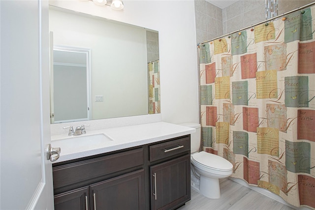 bathroom featuring wood-type flooring, toilet, and vanity