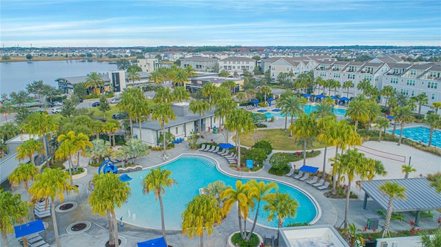 drone / aerial view with a water view