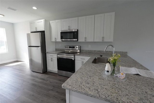 kitchen with sink, dark hardwood / wood-style flooring, light stone counters, white cabinetry, and stainless steel appliances