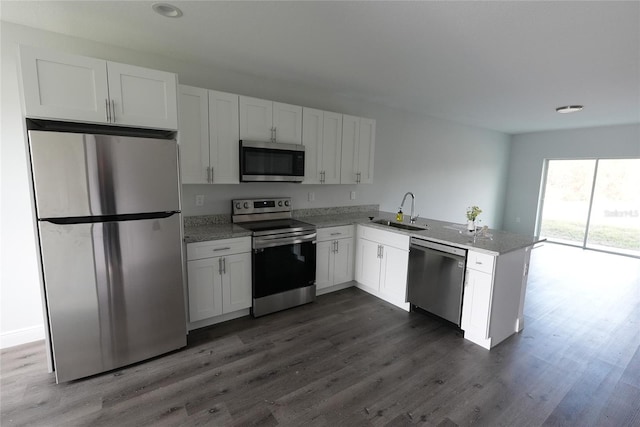 kitchen featuring kitchen peninsula, appliances with stainless steel finishes, dark hardwood / wood-style flooring, sink, and white cabinetry