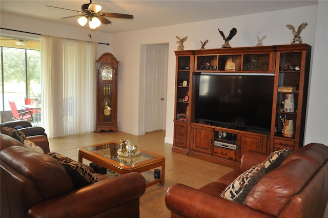 living room with light tile patterned flooring and ceiling fan