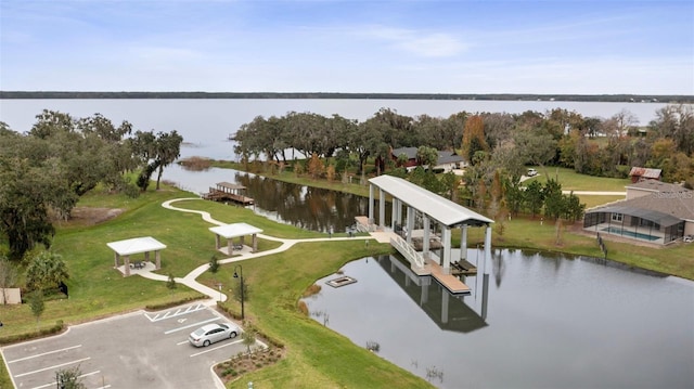 aerial view featuring a water view