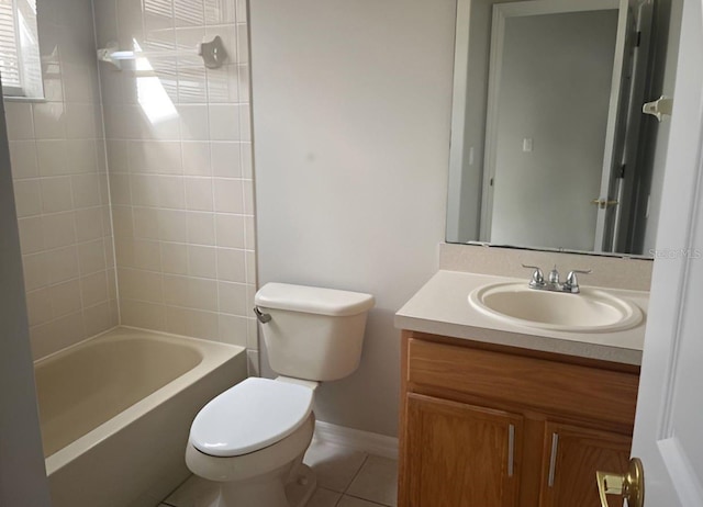 full bathroom featuring tile patterned floors, vanity, tiled shower / bath combo, and toilet