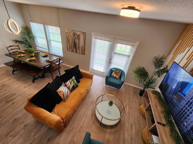 living room featuring a textured ceiling, wood-type flooring, and vaulted ceiling