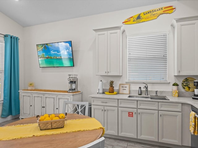 kitchen with dishwashing machine, light hardwood / wood-style floors, and sink