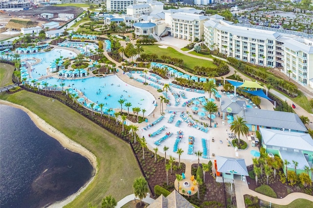 birds eye view of property featuring a water view