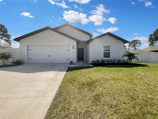 ranch-style home with a front yard and a garage