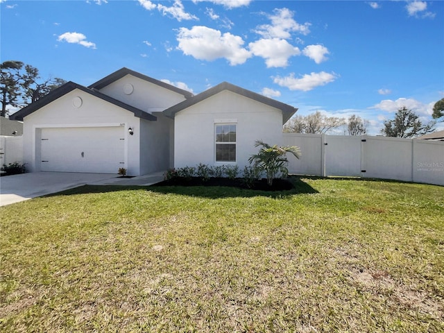 single story home with a garage and a front lawn