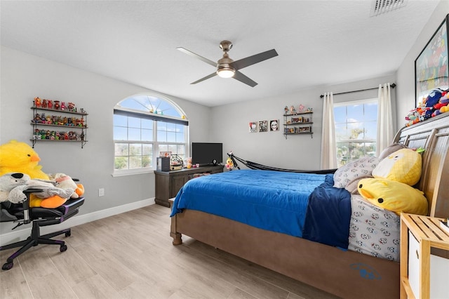 bedroom featuring ceiling fan and light wood-type flooring