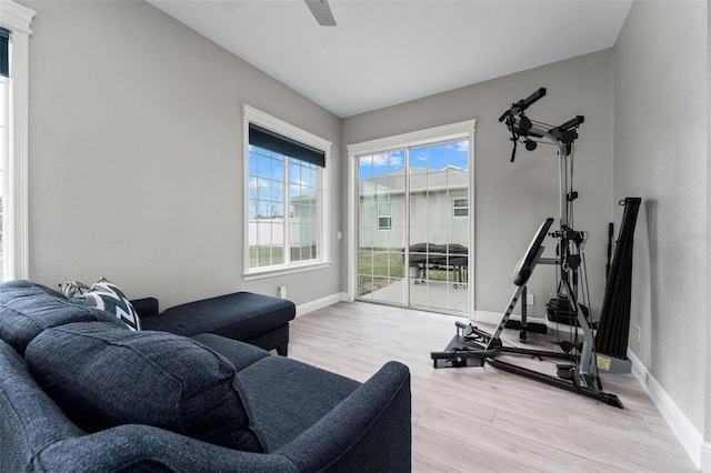 workout room featuring light hardwood / wood-style floors and ceiling fan