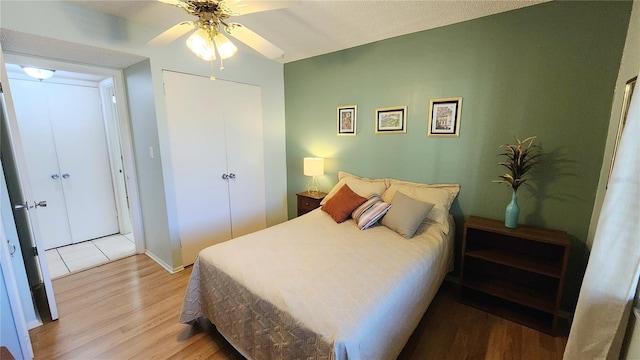 bedroom featuring light hardwood / wood-style floors and ceiling fan