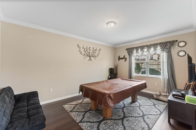 rec room with pool table, hardwood / wood-style floors, a textured ceiling, and crown molding