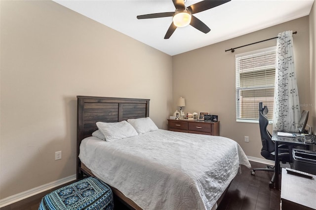 bedroom featuring ceiling fan and dark hardwood / wood-style floors