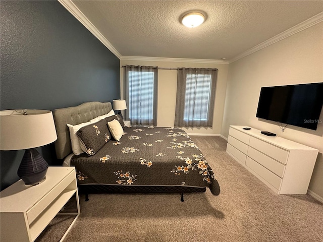 bedroom with ornamental molding, carpet flooring, and a textured ceiling