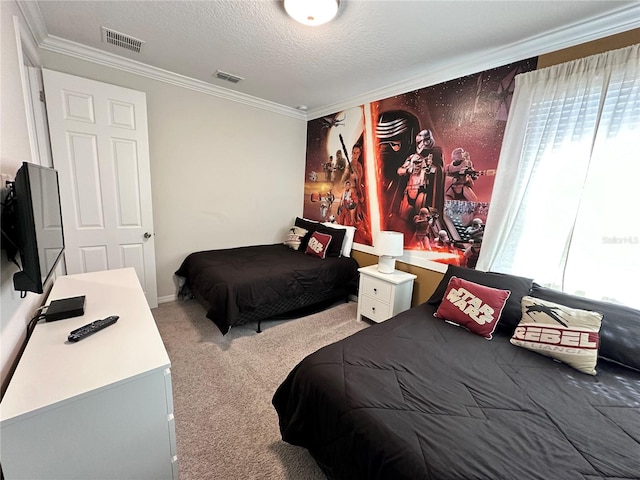 bedroom with ornamental molding, light colored carpet, and multiple windows