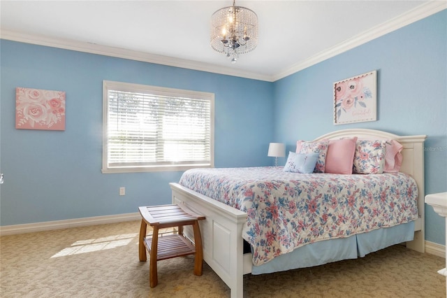 bedroom featuring light colored carpet, ornamental molding, and an inviting chandelier