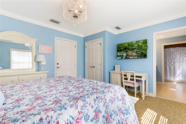 tiled bedroom featuring ornamental molding and a notable chandelier