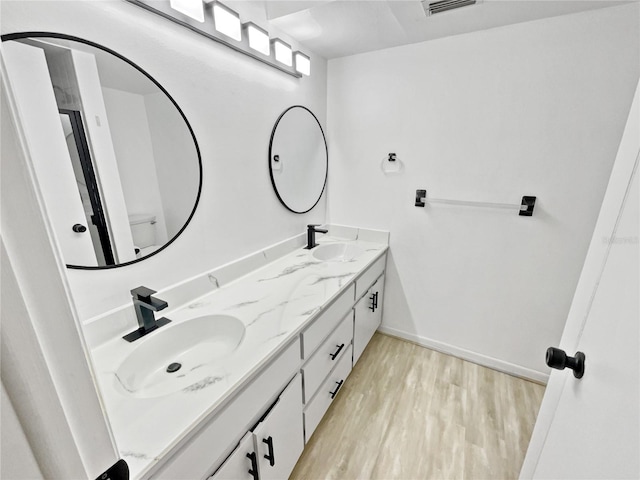 bathroom with wood-type flooring and vanity