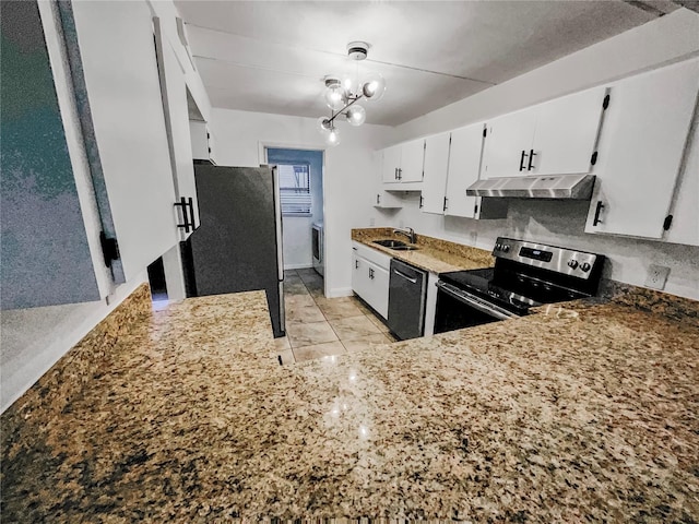 kitchen with a chandelier, sink, stainless steel appliances, and white cabinets