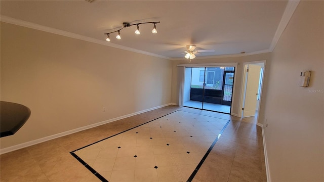 tiled spare room with ceiling fan, rail lighting, and crown molding