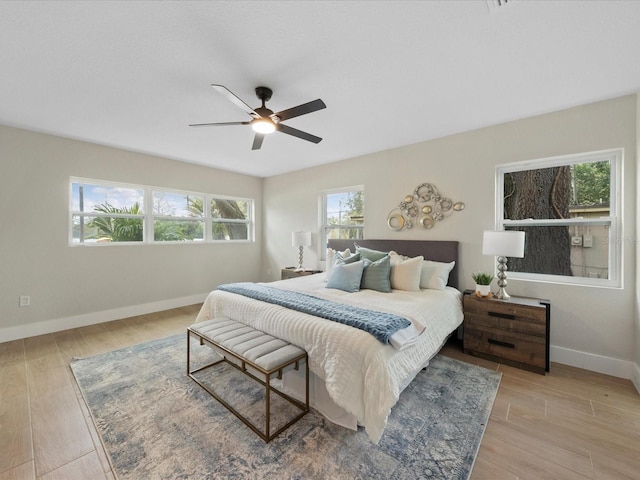 bedroom with ceiling fan and light wood-type flooring