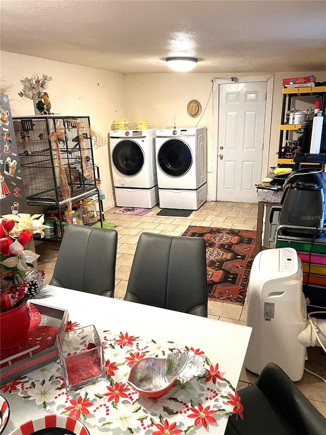 tiled living room with washer and dryer