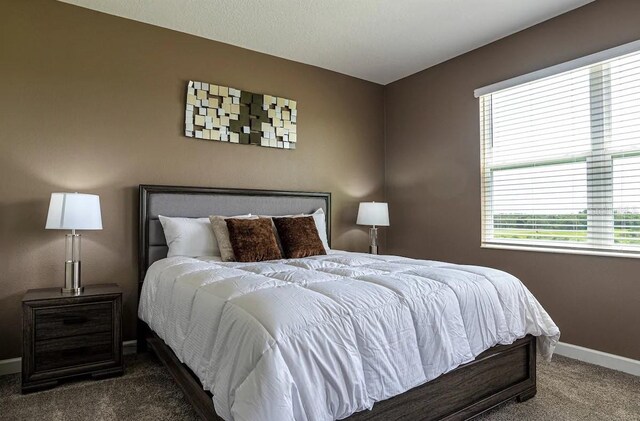 bedroom featuring dark colored carpet