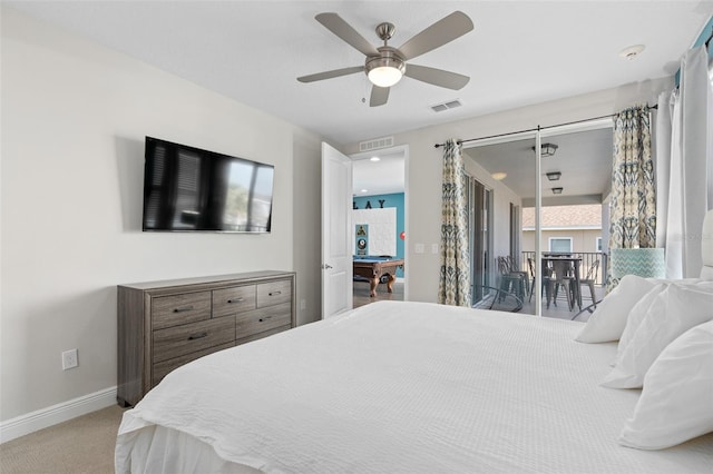 carpeted bedroom with pool table, access to outside, and ceiling fan