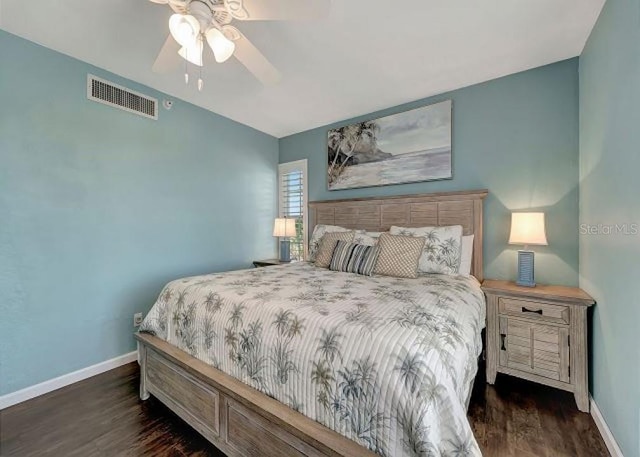 bedroom featuring dark wood-type flooring, visible vents, ceiling fan, and baseboards