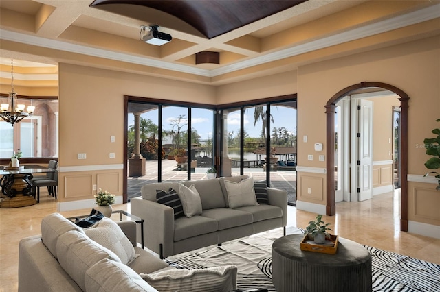 living room featuring coffered ceiling, a chandelier, light tile floors, beam ceiling, and ornamental molding