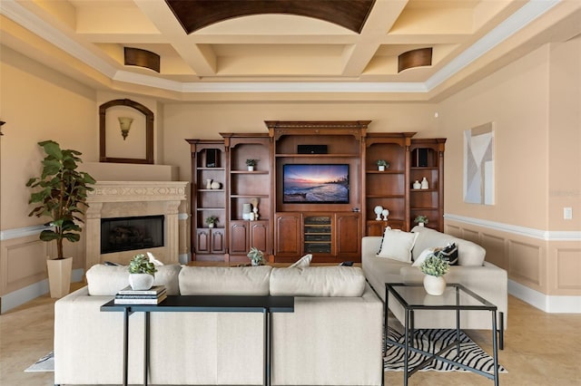 living room with coffered ceiling, beam ceiling, and light tile flooring